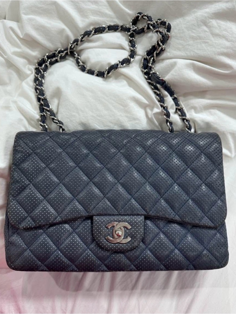 Authentic CHANEL Quilted Perforated Dark Blue Jumbo Flap Shoulder Bag SHW